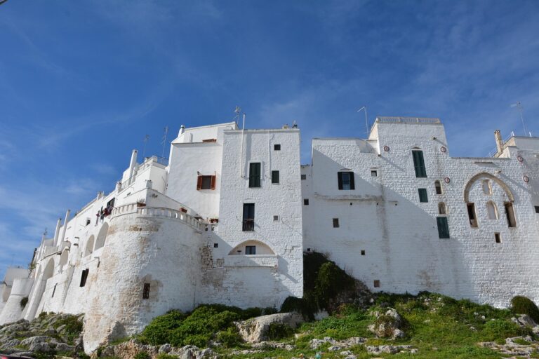 Vista panoramica di una città bianca in Puglia, con strade tranquille e architettura caratteristica.